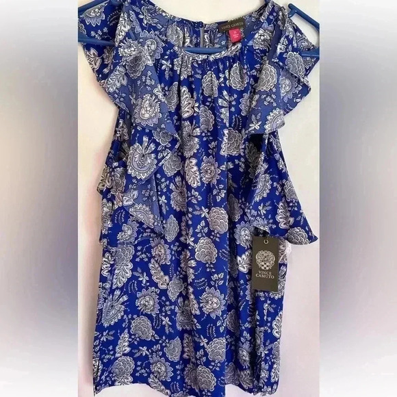 Vince Camuto Tops - Vince Camuto NWT! Blue White Floral Ruffle Trim NEW Women's Sleeveless Top XS